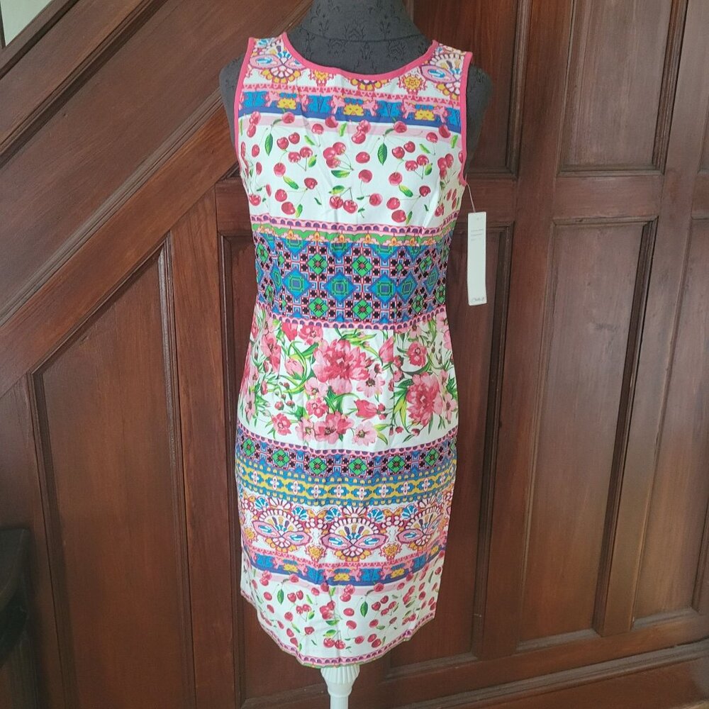Chetta B Womens Sleeveless Multicolor Floral & Cherry Print Dress Size 2 NWT